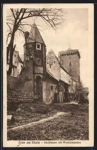 AK Zons am Rhein, Stadtmauer mit Wachtürmchen