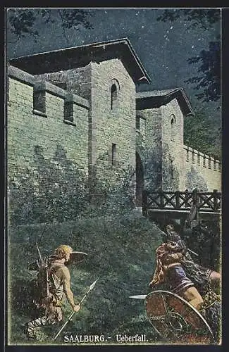 Künstler-AK Saalburg / Taunus, Überfall Germanischer Krieger