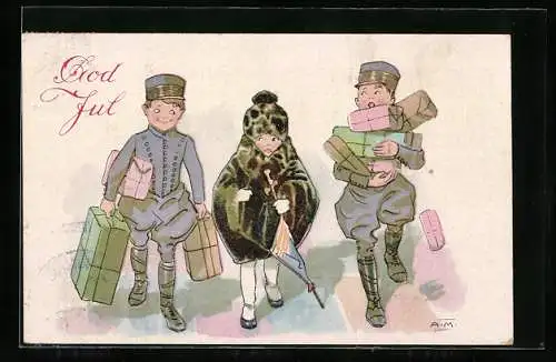 Künstler-AK Kleine Soldaten tragen Gepäck einer jungen Frau, Kinder Kriegspropaganda