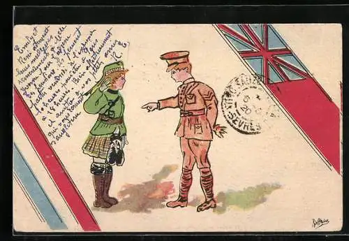 Künstler-AK Britischer Soldat in Uniform und schottische Soldatin