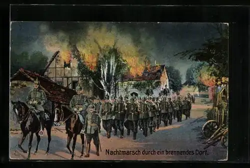 AK Nachtmarsch durch ein brennendes Dorf, Soldaten der Infanterie