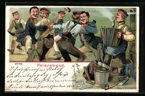 AK fröhlicher Feierabend in der Kaserne, tanzende und musizierende Soldaten