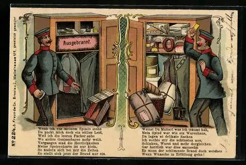 Lithographie Soldaten stehen vor einem leeren Spind und vor einem mit Lebensmitteln gefüllten Spind