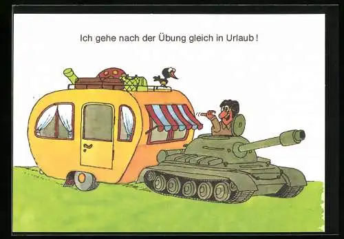 AK NVA, Soldat im Panzer mit Wohnwagen