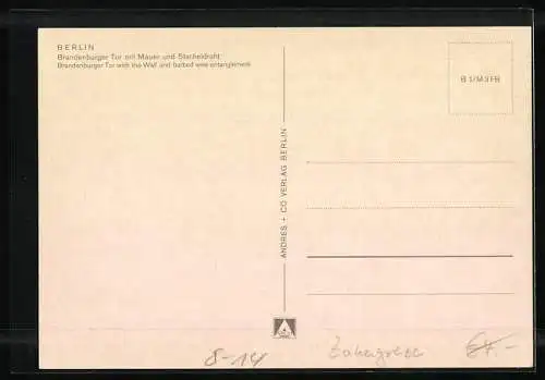AK Berlin, Brandenburger Tor mit Mauer und Stacheldraht