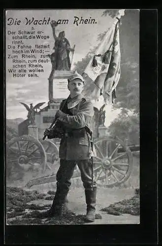 AK Wacht am Rhein, Soladt m. Fahne vor Geschütz