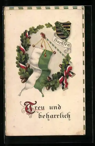 AK Treu und beharrlich, Fahne im Eichenkranz und Wappen von Sachsen
