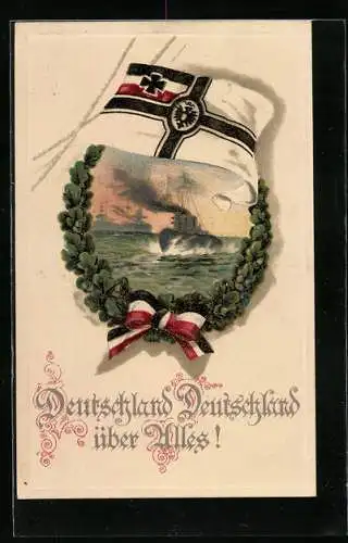 AK Deutsche Reichskriegsfahne mit Lorbeerkranz u. Kriegschiffen, Deutschland Deutschland über alles, Pfingstkarte