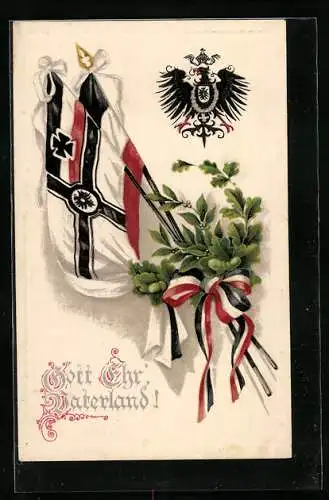 AK Gott Ehr` Vaterland!, Flaggen mit Eichenzweigen und Fahnenband, Neujahrsgruss