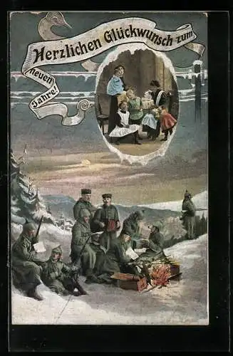 AK Deutscher Neujahrsgruss, deutsche Soldaten feiern mit Liebesgaben im Feld