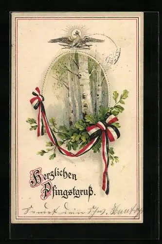 AK Pfingstgruss, Birkenwald mit Schleife, Reichskriegsflagge