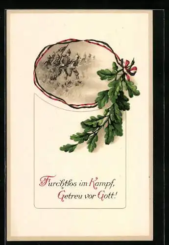 Lithographie Furchtlos im Kampf, getreu vor Gott!, Stürmende Soldaten, Eichenzweig