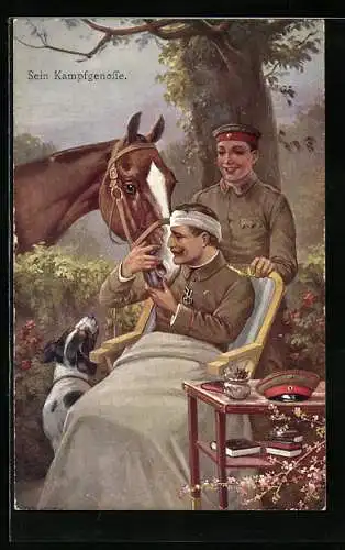 AK Kavallerie, sein Kampfgenosse, verwundeter Kavallerist m. Hund herzt sein Pferd, Orden Eisernes Kreuz