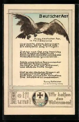 Künstler-AK Deutscher Aar, Gedicht von Fanny Schleicher, Propaganda 1. Weltkrieg