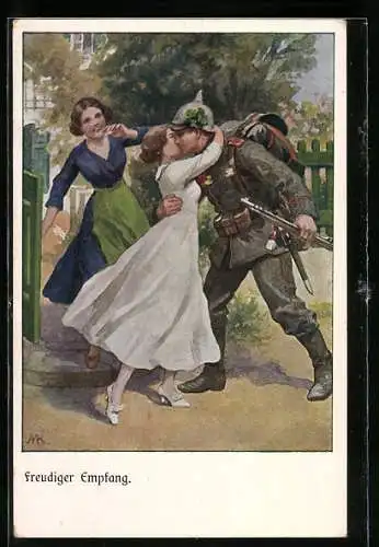 Künstler-AK Freudiger Empfang, Soldat und Mädchen