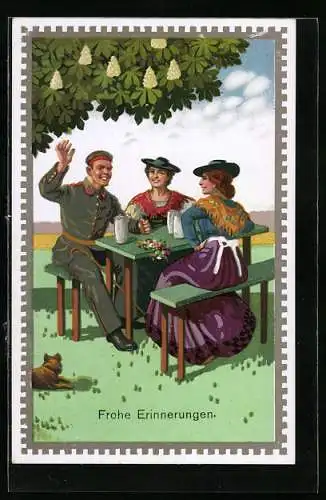Passepartout-AK 1. Weltkrieg, Soldat sitzt mit Frauen in Trachten an Tisch unter Baum, Frohe Erinnerungen