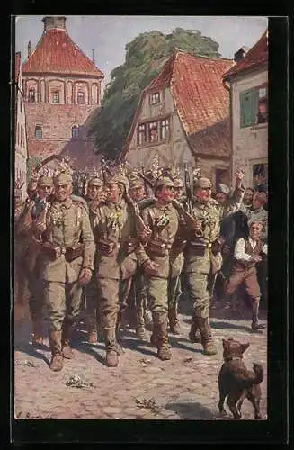 Künstler-AK A. Roloff: Deutsche Infanterie marschiert durch den Ort