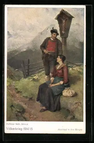 AK Abschied in den Bergen, Paar vor Flurkreuz, Völkerkrieg 1914-15