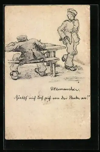 Künstler-AK Soldat beobachtet einen Kameraden beim Schreiben eines Briefes