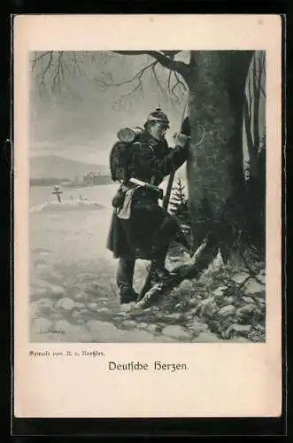 AK Deutscher Soldat ritzt Herz in Baum
