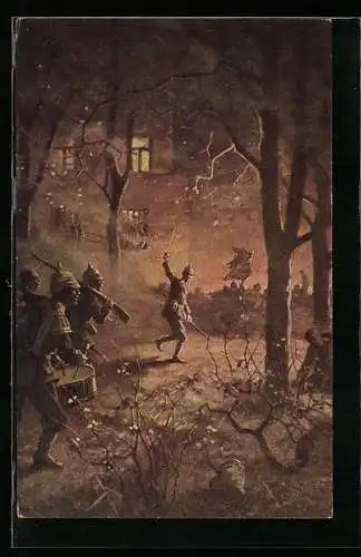 Künstler-AK Parkgefecht, Infanterie im Strassenkampf