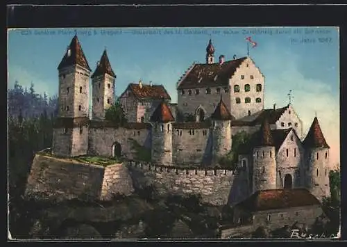 Künstler-AK Bregenz, Schloss Pfannenberg, Geburtsort des heiligen Gebhard vor seiner Zerstörung durch die schweden 1647