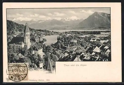 AK Thun, Ortsansicht und der Blick in die Alpen