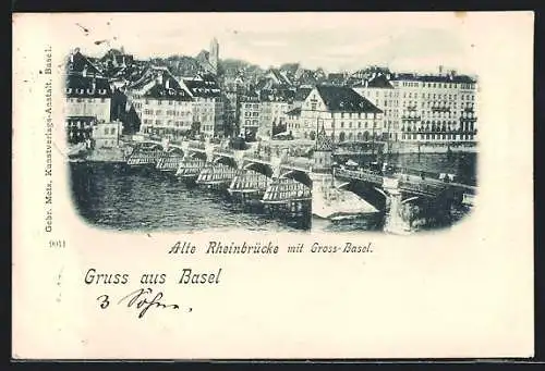 AK Basel, Alte Rheinbrücke mit Gross-Basel