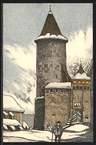 Künstler-AK Ernst E. Schlatter unsign.: Romont, Burgturm im Winter