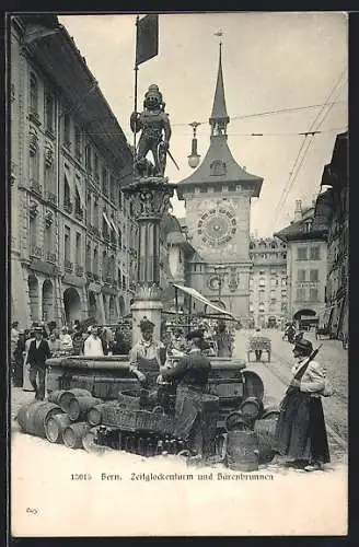AK Bern, Blick auf Zeitglockenturm und Bärenbrunnen
