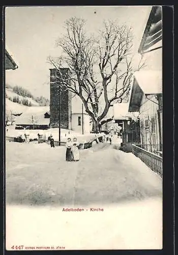 AK Adelboden, Strassenpartie mit Kirche im Schnee