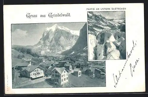 AK Grindelwald, Ortsansicht und Partie am unteren Gletscher