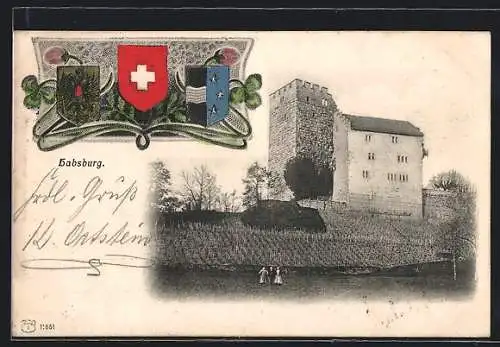 AK Habsburg, Blick auf die Burg und Wappen