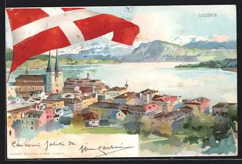 Künstler-AK Luzern, Teilansicht mit Flagge