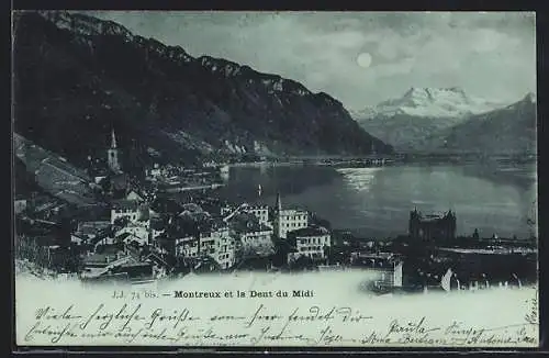 Mondschein-AK Montreux, Vue générale et la Dent du Midi