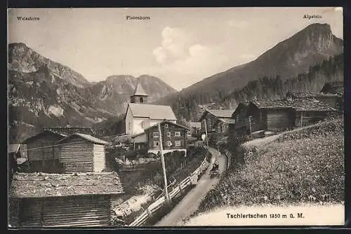 AK Tschiertschen, Ortspartie mit Weisshorn, Platenhorn und Alpstock