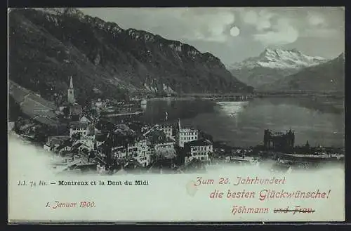 Mondschein-AK Montreux, Vue générale et la Dent du Midi