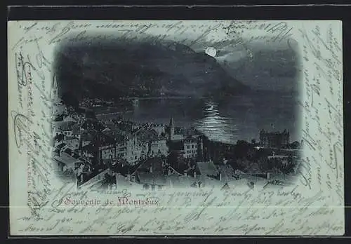 Mondschein-AK Montreux, Ortsansicht mit sich im Wasser spiegelndem Mond