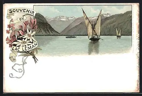 Lithographie Lac Léman, Segelboote und ein kleiner Dampfer auf dem See