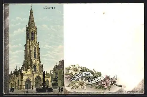 Lithographie Bern, Brunnen vor dem Münster