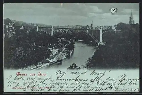 Mondschein-AK Bern, Flusspanorama mit Blick auf die Brücke