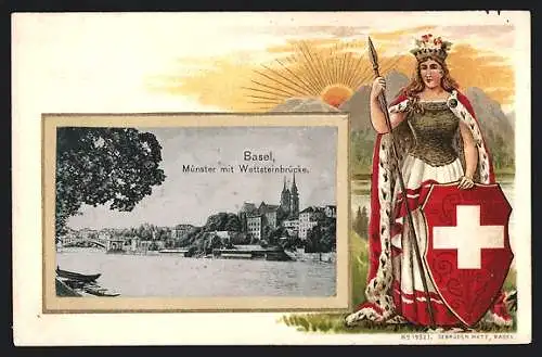 Lithographie Basel, Münster mit Wettsteinbrücke, Helvetia mit Speer und Schild