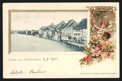 Präge-AK Rheinfelden, Häuser am Fluss, Passepartout mit kleinen Gratulanten und Wildrosen