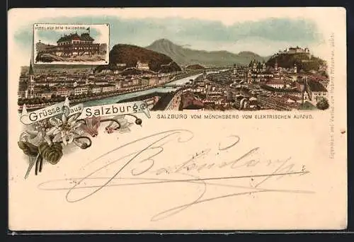 Lithographie Salzburg, die Stadt vom Mönchsberg, Hotel auf dem Gaisberg