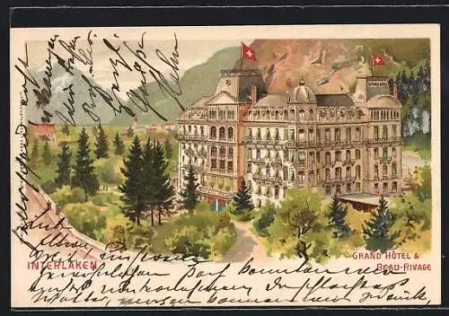 Lithographie Interlaken, Grand Hotel u. Beau-Rivage