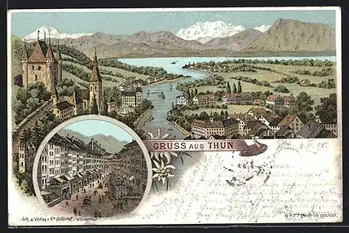 Lithographie Thun, Panorama u. Ortspartie