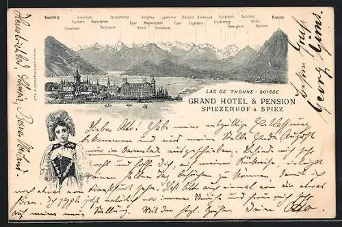 Lithographie Spiez, Grand Hotel & Pension Spiezerhof, Alpen-Panorama