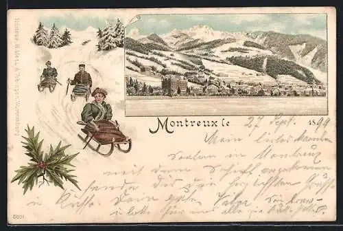 Winter-Lithographie Montreux, Blick vom See auf den Ort, Rodler auf ihren Schlitten