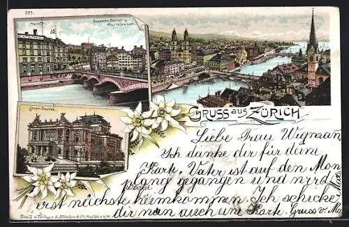 Lithographie Zürich, Central-Hotel und Polytechnikum mit Bahnhofs-Brücke, Stadt-Theater, Teilansicht