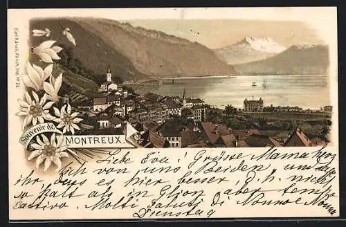 Lithographie Montreux, Panoramablick vom Berg